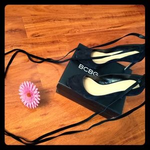 BCBGeneration Black Faux Suede Ankle wrap Pumps